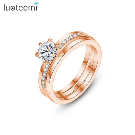 LUOTEEMI Zircon Trendy Stackable Lady Korean Engagement Promise Crown Jewelry Ring Woman Fashion Rose Gold