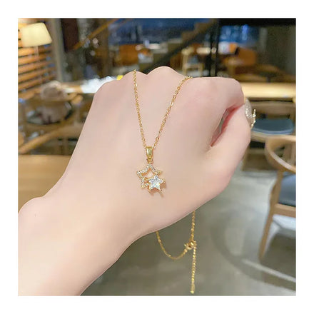 DAIHE Stainless Steel Real Gold Plating Pentagram Pendant Necklace Cz Zircon Women Star Clavicle Chain Jewelry