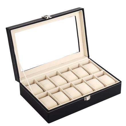 Manufacturer Watch Jewelry Case 12 Slot Women Men Black PU Leather Watch Box with Velvet Pillow