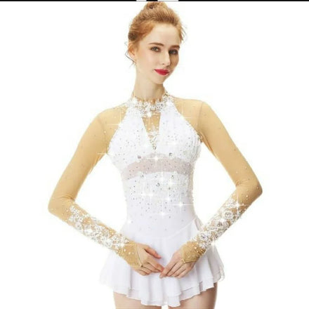 For LIUHUO Women's White Ice Skating Dress Pearls Stretch Mesh Christmas Holiday Dance Costume Ballroom Performance Wear for Gir