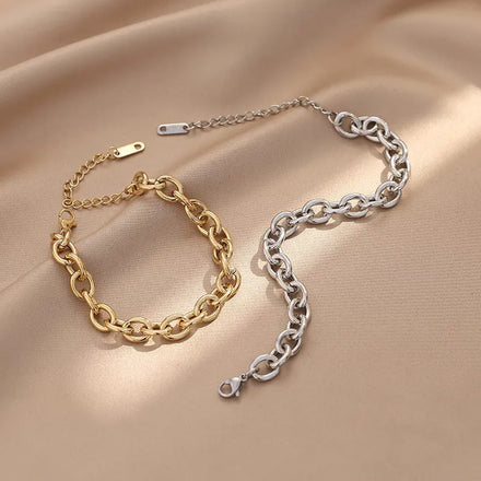 Waterproof Stainless Steel O Shape Chain Collection Bracelet Oval Link Chain 14k Gold Plated Women Bracelet