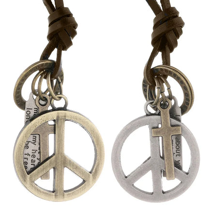 Wholesale Men's Vintage Zinc Alloy Adjustable Size Peace Symbol Pendant Leather Necklace for Wedding Party Anniversary