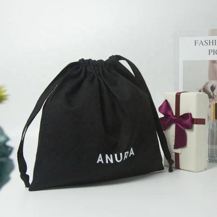 Eco Friendly Black Twill Cotton Drawstring Bag Gift Packaging Pouch Organic Cotton Bag Custom Logo