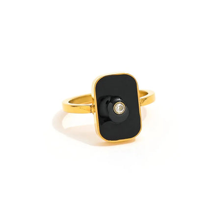 Fenny 18K Gold Plated Wholesale Fashion Black Enamel Single Zirconia Stainless Steel Finger Ring Trendy for Women