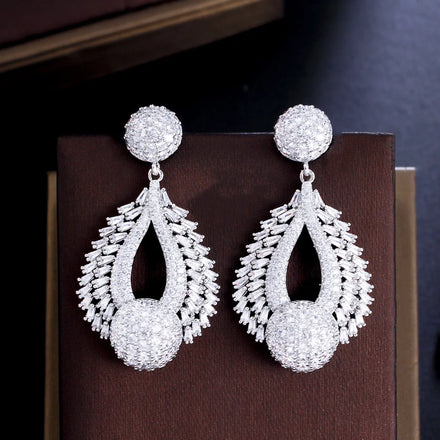 Shiny Round CZ Stone White Gold Filled Dangle Drop Wedding Dress Women's Earrings for Bridal Engagement Cubic Zirconia Jewelry