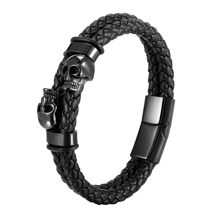 Popular High Quality Stainless Steel Skull Beads Real Genuine Leather Bracelet Charm Skeleton Men Punk Bangle Jewelry OT-149