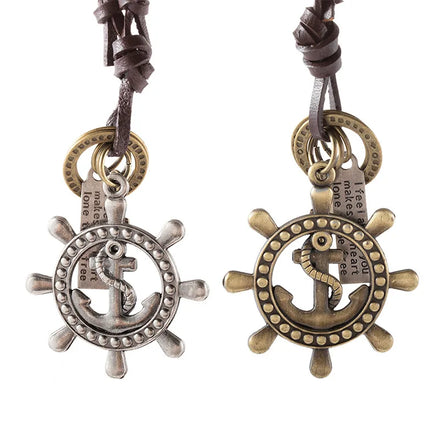 Wholesale Men Rudder Anchor Accessories Personality Jewelry Necklaces Adjustable Size Sweater Chain Helm Leather Necklace