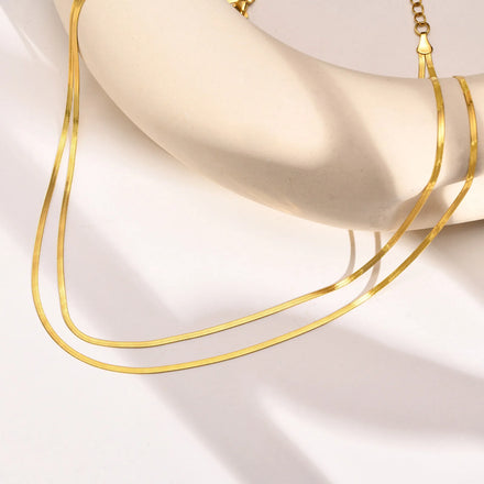 Wholesale 18K Gold Plated Double Layer 2mm Thin Herringbone Chain Necklace Trendy Stainless Steel Snake Chain for Weddings