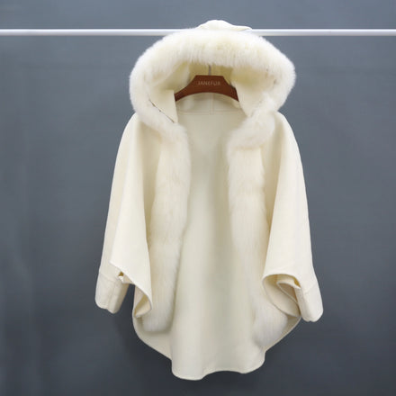 Winter Ladies Large Fur Shawl Cashmere Wool Knit Cape Fur Hood Poncho Real Fox Fur Cape
