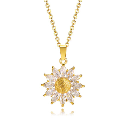 Wholesale PVD 18K Gold Plated Stainless Steel Necklace for Women Trendy 'You Are My Sunshine' Zirconia CZ Diamond Sunflower Sun