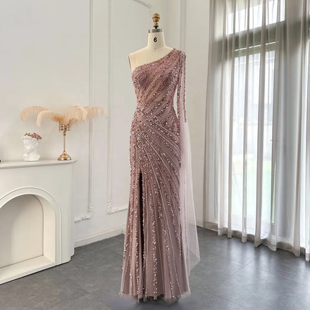 Jancember LSCZ23 Pink One-shoulder Draped Organza Satin Illusion Evening Dress for Momen