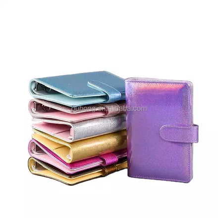Popular Custom Holographic Pu Leather Binders With Loose Leaf 6 Ring Planner Business Notebook Cover Spiral Budget Binder