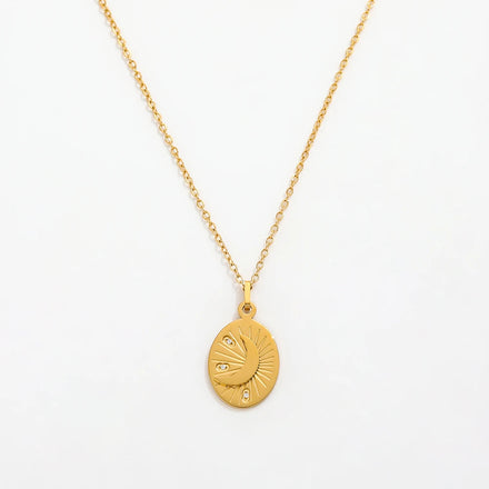 Fenny Wholesale 18K PVD Plated Stylish Smile Face Star Moon Zirconia Pendant Stainless Steel Choke Chain Necklace for Women