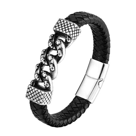 Personalized Magnetic Clasp Stainless Steel Silver Plated Braided Leather Bangle Bracelet for Men Gift OT-155