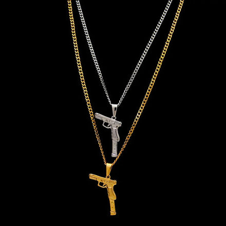 Fashion 18K Gold Plated Gun Necklace Hiphops Stainless Steel Pistol Charms Cuban Necklace Streetwear Hand Gun Pendant Neck