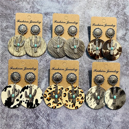 New Leopard Print Leather Earrings Bohemian Horsehair Cactus Pendant Charm Hoop Earrings Jewelry Girl