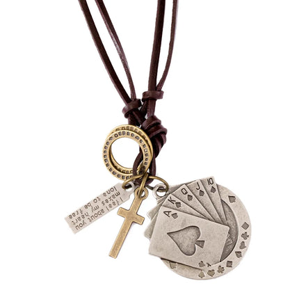 Wholesale Men Necklace Accessories Personality Jewelry Adjustable Size Metal Poker Sweater Chain Leather Necklace Lucky Gifts