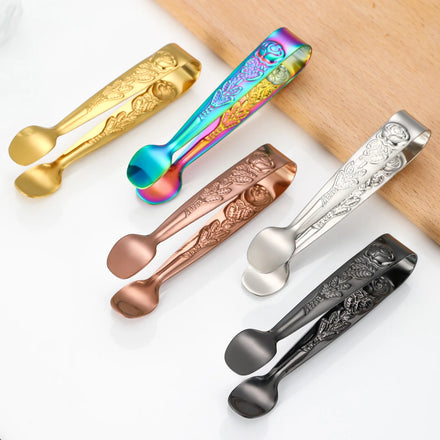 Rose Pattern Mini BBQ Food Clip Tong Vintage Rose Relief Stainless Steel Ice Square Clips Sugar Tongs