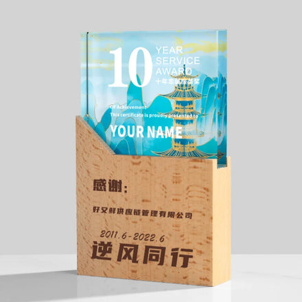 Guangzhou Wholesale K9 Blank Crystal Wooden Shield Trophy Custom Laser 3d logo Crystal Glass Awards With Wooden Base