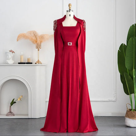 Jancember LSCZ25 2023 New Modest Red Stain Beaded Evening Mermaid Dress With Detachable Train