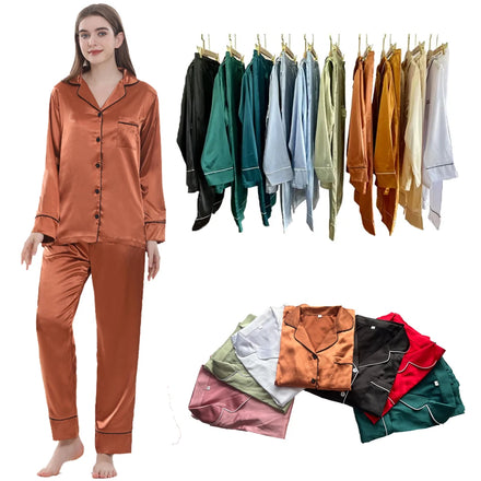 Luxury Wedding Bridal Pajamas Elastic Waist Soft Long Pants Turn Collar Full Length Women Silk Satin Sleepwear Two Piece Pjs