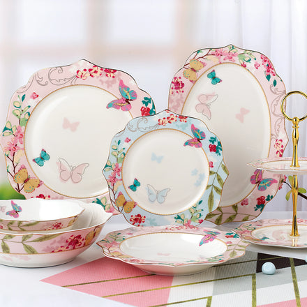 High Quality Pink Blue Butterfly Design Wave Shape Bone China Dinnerware Set with Microwave Safe Ceramic Porcelain Cup Kit