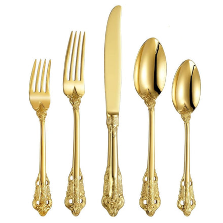 Antique Luxury Flatware Gold Silverware Restaurant Baroque Vintage Royal Wedding Cutlery Golden Spoon and Fork Set Stainless
