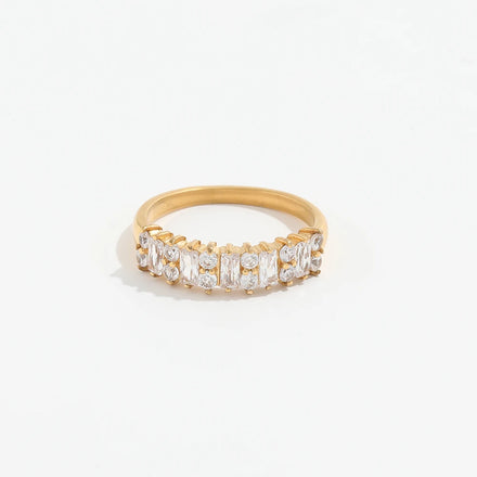 Fenny 18K Gold Plated Wholesale Luxury Half Circle Rectangle Crystal Pave Stainless Steel Finger Ring Trendy for Women