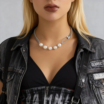 SHIXIN Fashion Jewelry Chain Personalized Fashion Sweet Cool Style Paper Clip Chain Collar Retro Imitation Pearl Metal Necklace