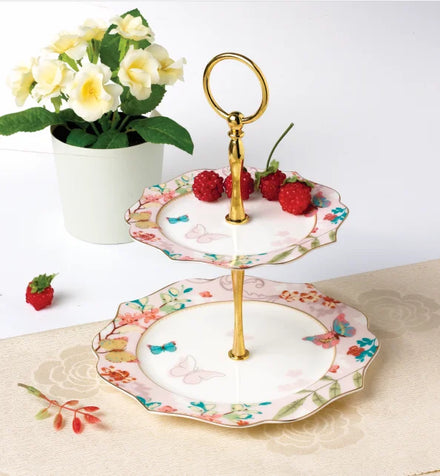 Fine Porcelain Bone China Dinnerware Set Microwave Safe Eco-Friendly Wave Shape Color Enamel Pink Floral Cups Kit for 7-9 People