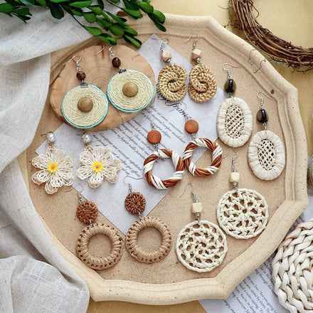 Wholesale Bohemian Summer Beach Jewelry Fashion Handwoven Straw Rattan Geometric Dangle Earrings for Women Summer Jewelry