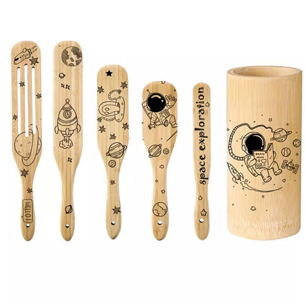 Set of 5 Heat-Resistant Wooden Cooking Utensils for Home Kitchen Farmhouse Style with Countertop Holder