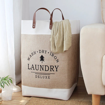 Hot Ins Linen Fabric Dirty Clothes Storage Basket with Leather Handle Bathroom Clothes Hamper Washable Foldable Laundry Basket