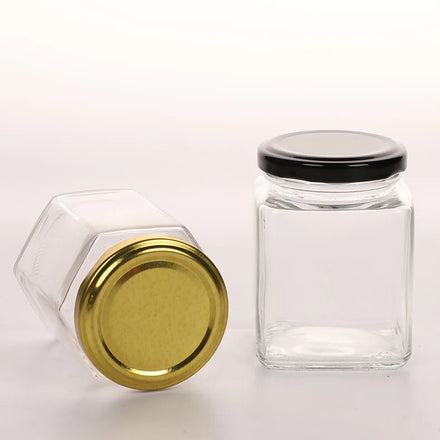 In Store Empty Hexagon Shape Glass Jar 100ml 280ml 380ml 500ml 730ml Clear Transparent Glass Honey Jar with Metal Lug Lid