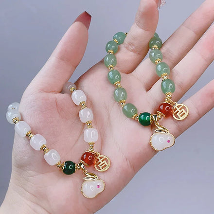 Fengshui Lucky Green Aventurine Jade White Jade Light Green Jadeite Barrel Bucket Bead Rabbit Charm Bracelet for Women Girls