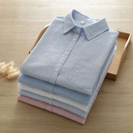 Women Long Sleeve Cotton Oxford Shirts Lapel Collar Pockets Solid Color Button Blouse Tops Clothes Base Shirt