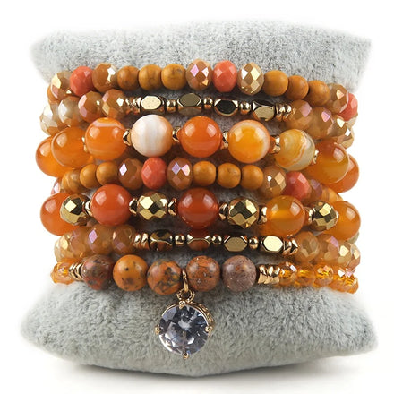 Customizable Handmade Jewelry Natural Stone Crystal Glass Hematite Beads Mixed Round PendantStack Bracelet Set
