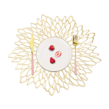 Table Decor Hollow Out Metallic Gold Charger Placemats Vinyl Woven Leaf PVC Plates Mats for Holiday Wedding Reception