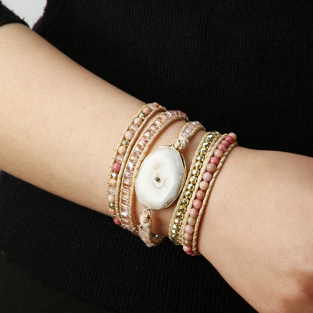 Fashion Beaded Handmade Jewelry Long Leather Cord Natural Stone Crystal Glass Hematite Stone Charm 5 Strands Wrap Bracelets