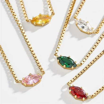 Birthday Horse Eye Diamonds Pendant Necklace Copper Plated Gold Women Brass Box Chain Zircon Birthstone Necklace