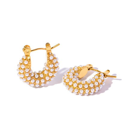J&D 18k Gold Plated Stainless Steel Cubic Zirconia Jewelry Classic Hammered Shape Pearl Hoop Earrings for Girls