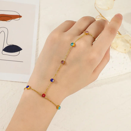 Wholesale Hand Back Chain Colorful Zircon Bracelet Stainless Steel Ring Set Bracelet Jewelry for Women and Girls