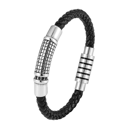 Personalized Logo Genuine Leather Bracelet Charm Accessories With 316L Steel Magnetic Woven Wristband Vintage Punk Jewelry