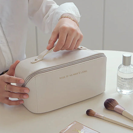 Women's Large Capacity PU Leather Makeup Pouch Waterproof Travel Cosmetic Toiletry Bag with Zipper Closure Handle and Divider