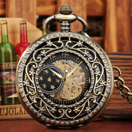 Vintage Hollow Bronze Half Hunter Steampunk Hand Winding Skeleton Mechanical Pocket Watch for Men Gift