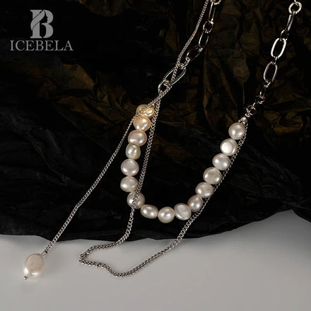 ICEBELA Baroque Pearl Necklace Long Women Luxury 925 Sterling Silver Hand Made Double Layer Clavicle Chain