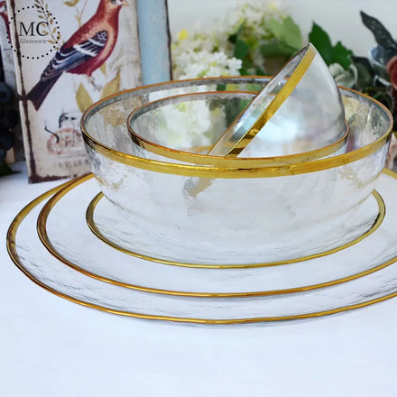 Western Dish Creative Glass Dinner Plate Nordic Style Gold Rim Transparent Dessert Bowl Salad Tray Fruit Plate Dinnerware Sets