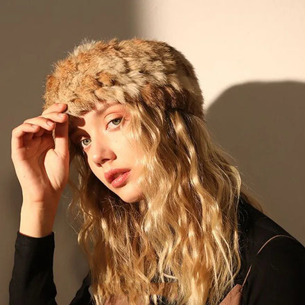 Winter Rabbit Hair Band Women Plush Hollow Top Fur Straw Hat Vintage Wide Brim Headband Head Accessories