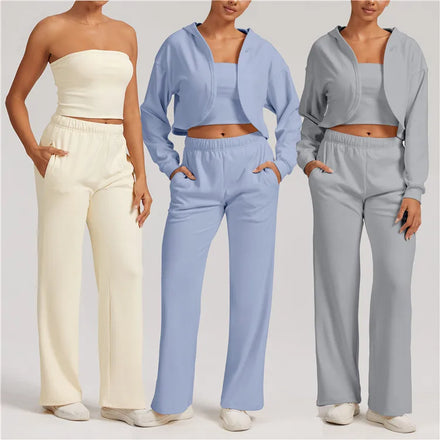 3 Piece Fitness Sports Strapless Crop Top Jacket Jogger Pants Tracksuits Breathable Running Suits