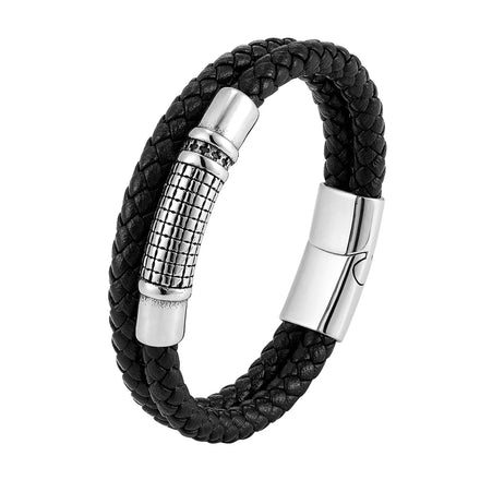 Fashion Genuine Real Leather Bracelet Stainless Steel Charm Magnetic Clasp Woven Waistchain Bracelet for Men